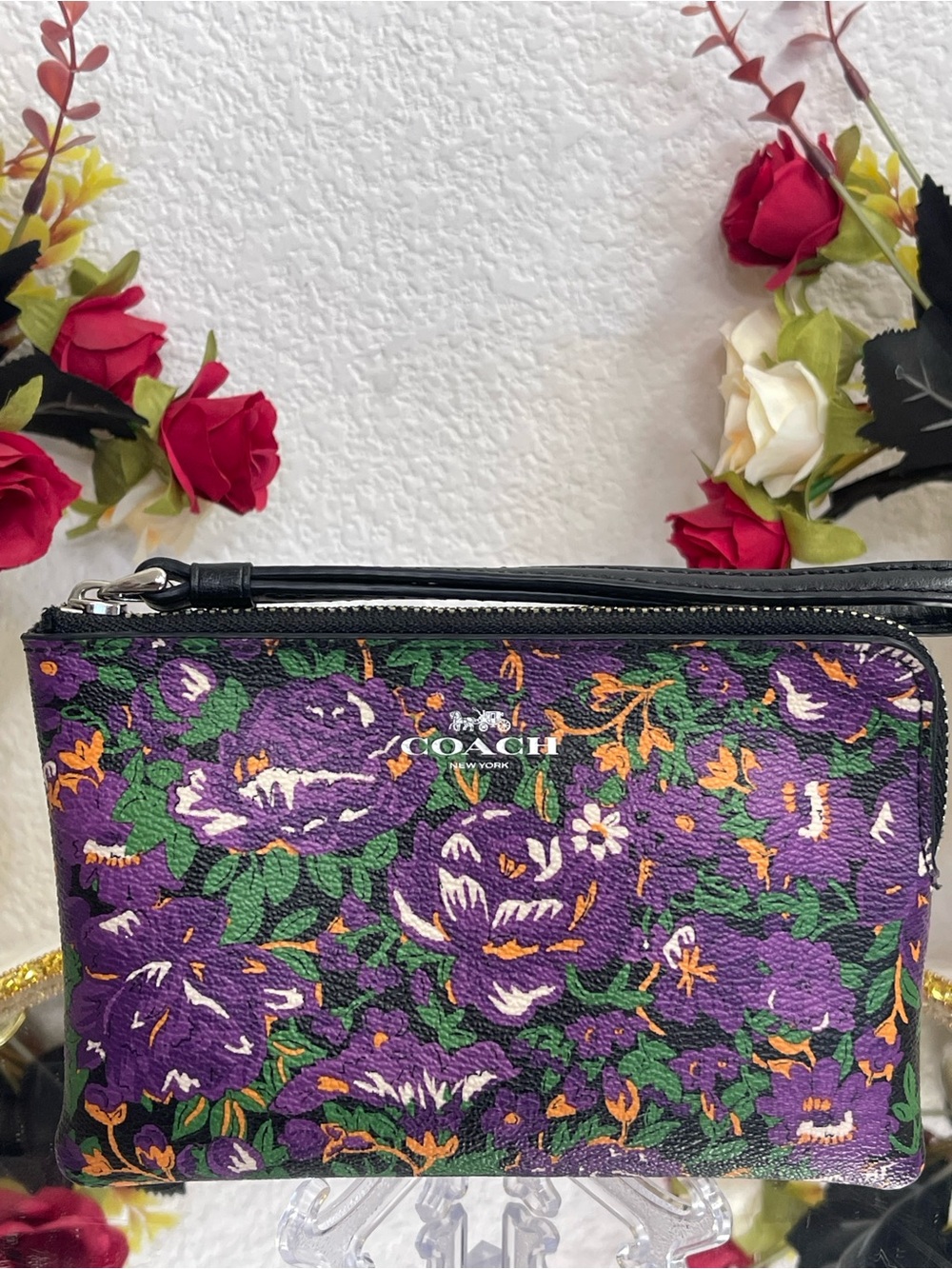 Coach Purple Floral Zip Clutch with Green & Orange Accents